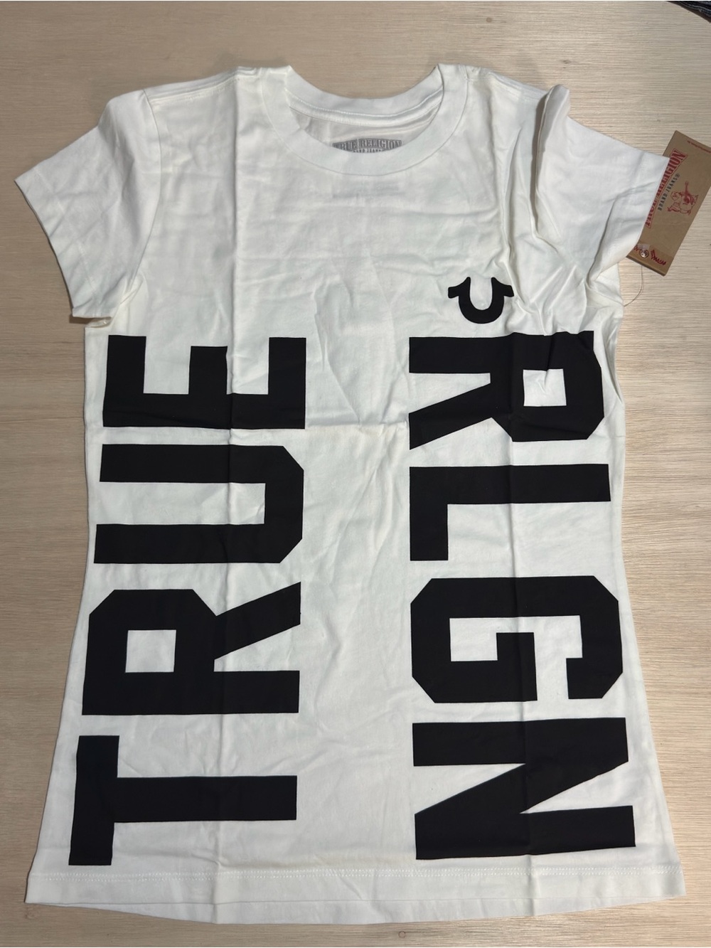 True Religion White Tee with Black Vertical Logo